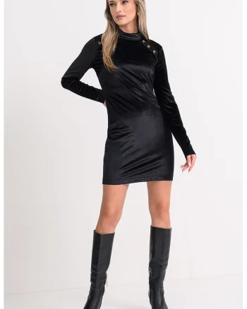 Rochie scurta cu decolteu la baza gatului si maneci lungi, Negru