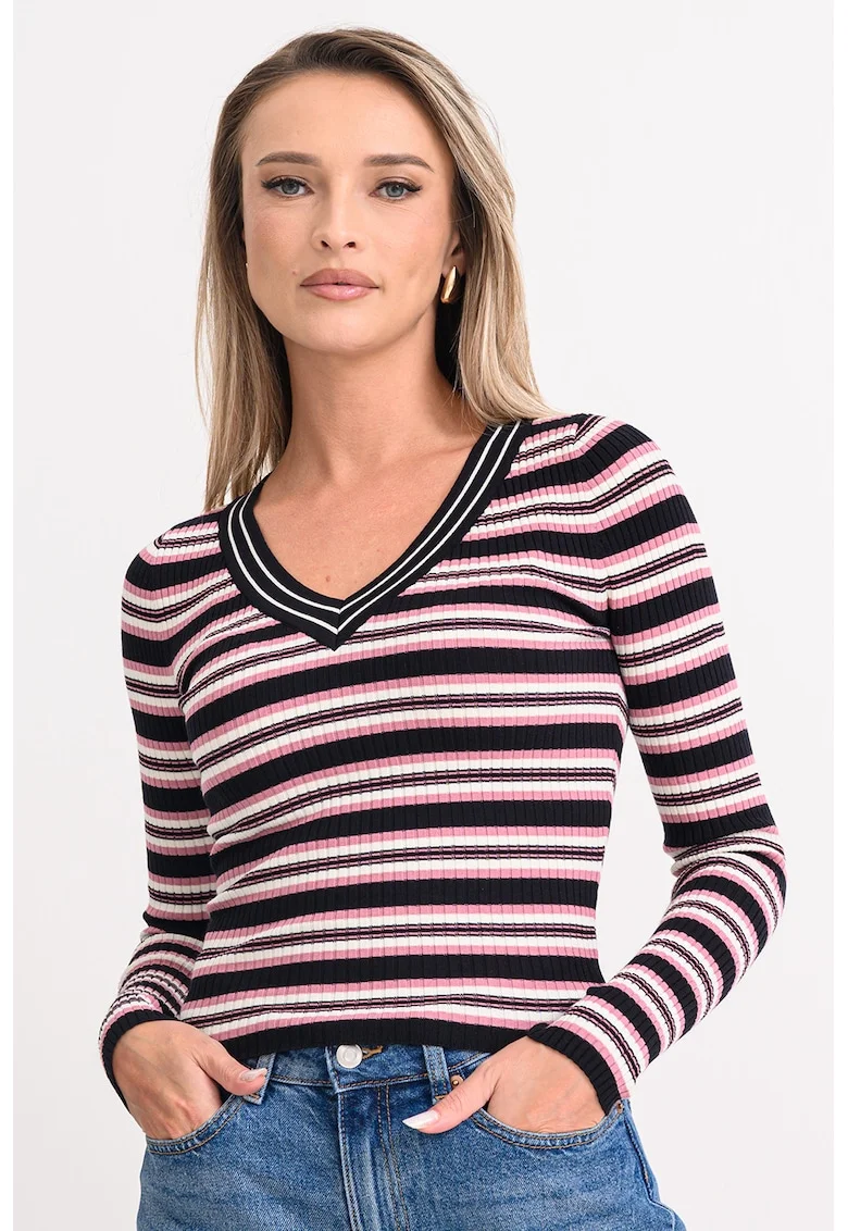 Pulover slim fit cu decolteu in V, Negru/Roz
