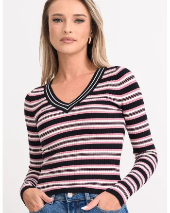 Pulover slim fit cu decolteu in V, Negru/Roz
