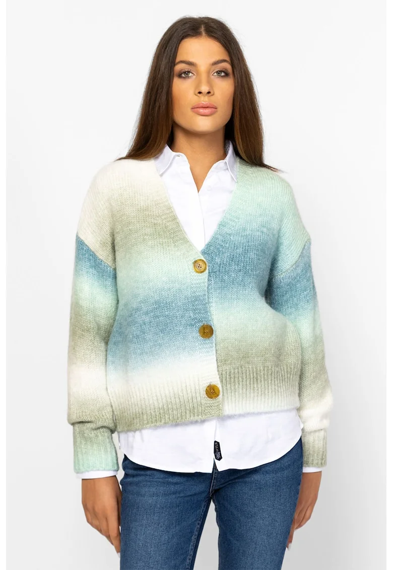 Cardigan cu model tie-dye si decolteu in V, Alb fildes/Kaki/Albastru