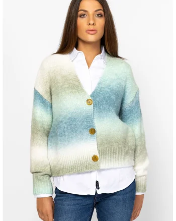 Cardigan cu model tie-dye si decolteu in V, Alb fildes/Kaki/Albastru