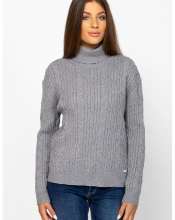 Pulover cu guler inalt si model torsade, Gri inchis