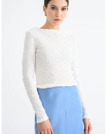 Bluza texturata cu decolteu barcuta, Alb optic