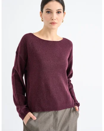 Pulover tricotat fin cu croiala lejera si maneci cazute, Violet tyrian