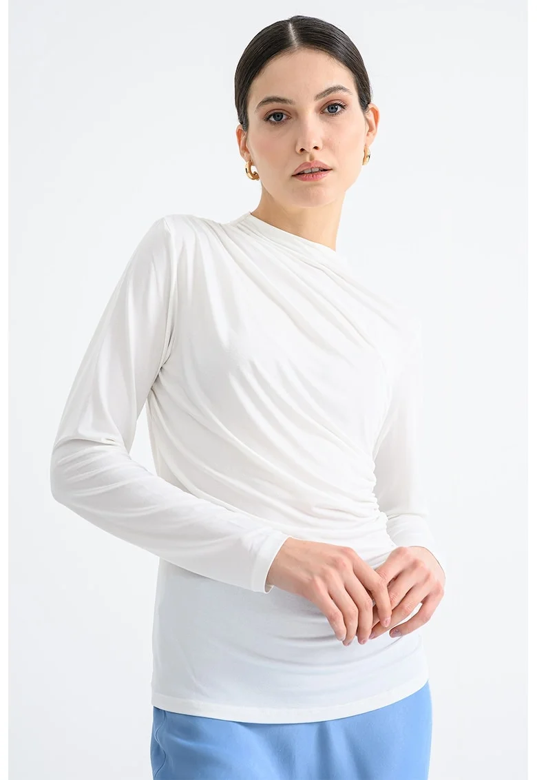 Bluza cu design drapat si decolteu la baza gatului, Alb optic