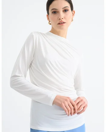 Bluza cu design drapat si decolteu la baza gatului, Alb optic