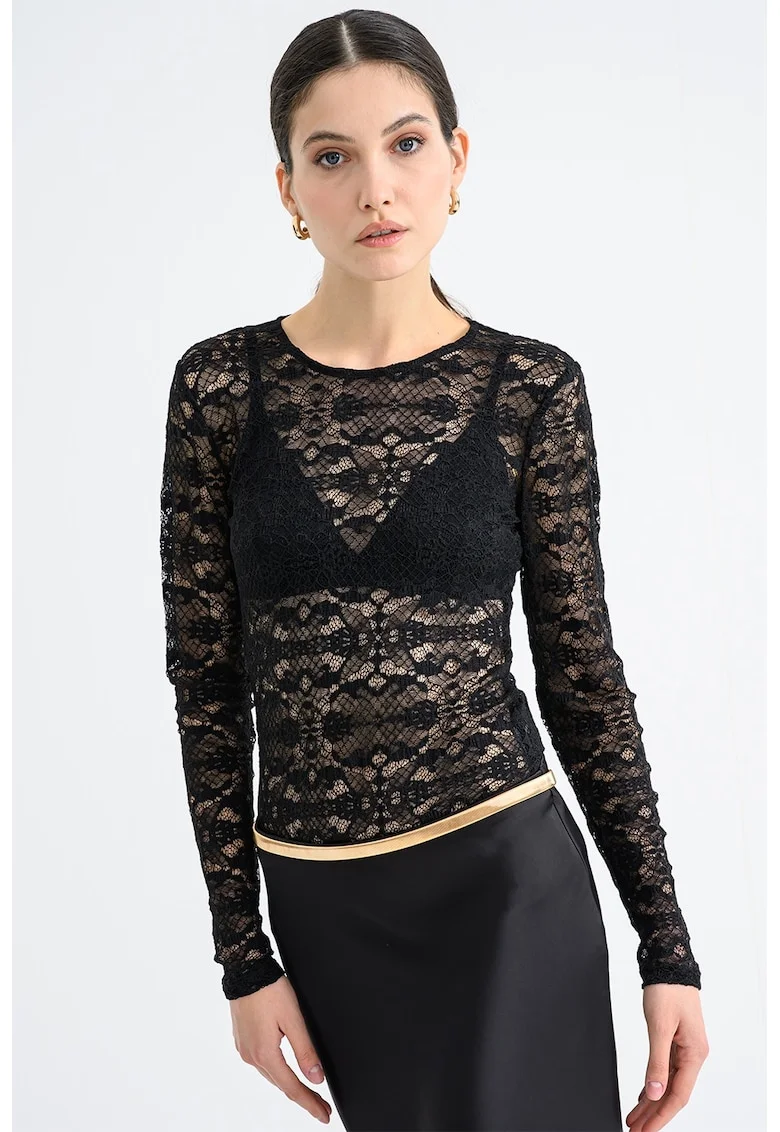 Bluza cu insertii din dantela, Negru