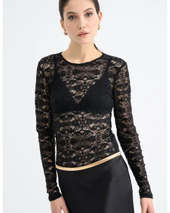 Bluza cu insertii din dantela, Negru