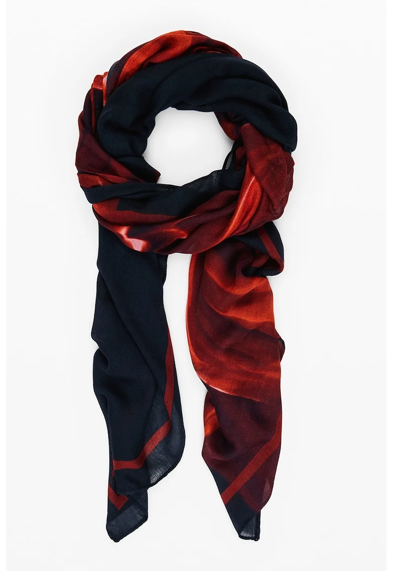 Esarfa plisata cu model floral, Negru/Rosu vermillion