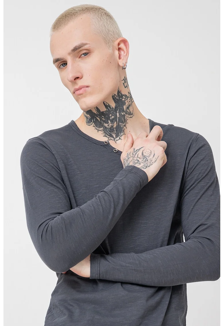 Jack&Jones, Bluza henley slim-fit de bumbac, Gri inchis