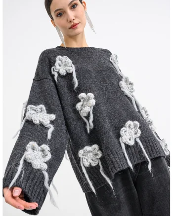 Pulover din amestec de lana cu detalii florale, Gri deschis melange/Gri antracit