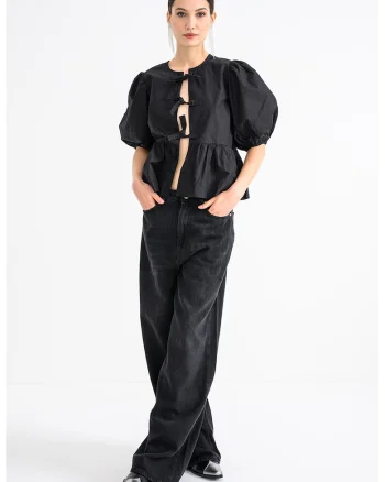 Bluza de bumbac cu maneci bufante, Negru