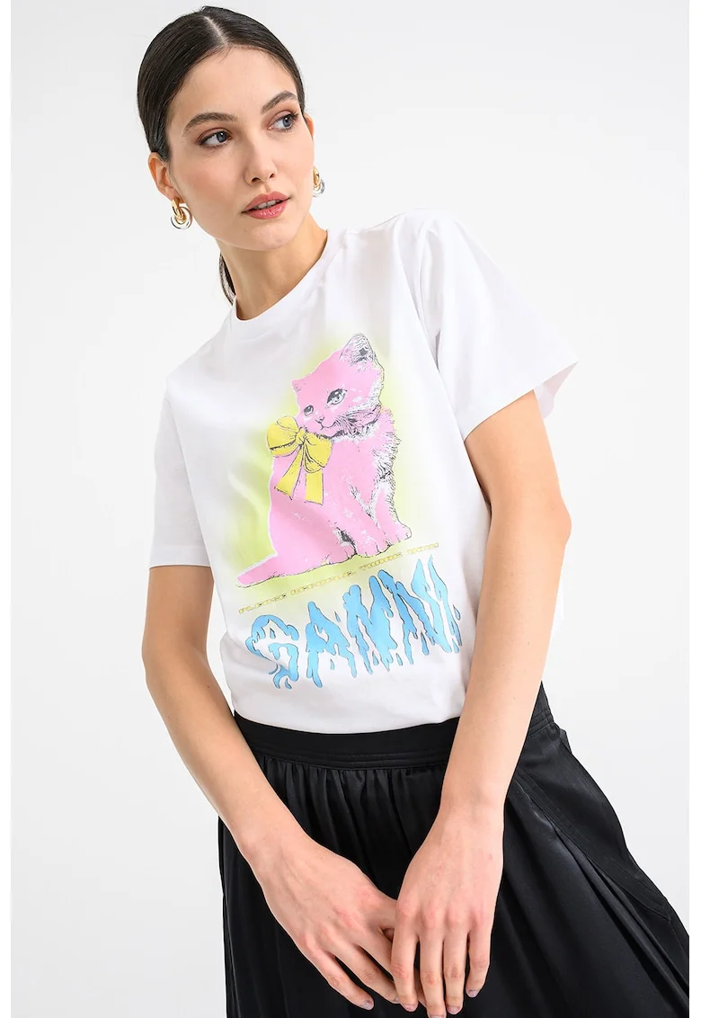 Tricou din bumbac cu imprimeu pisica, Alb/Roz/Albastru