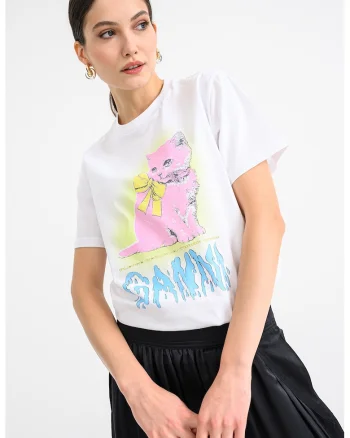 Tricou din bumbac cu imprimeu pisica, Alb/Roz/Albastru