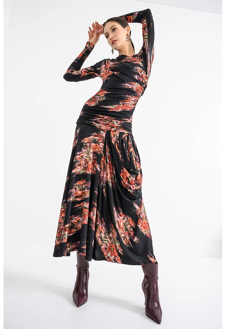 Rochie cu fronseuri si model floral, Negru/Rosu vermillion