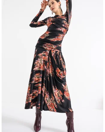 Rochie cu fronseuri si model floral, Negru/Rosu vermillion