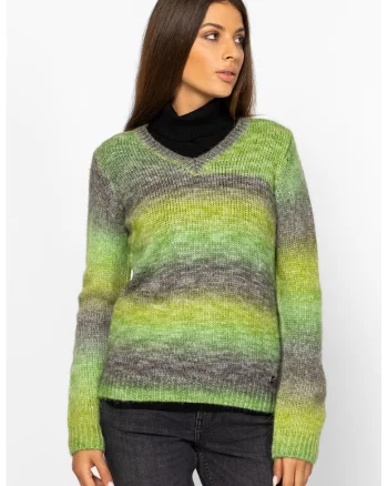 Pulover tricotat cu model si decolteu in V, Verde/Gri inchis