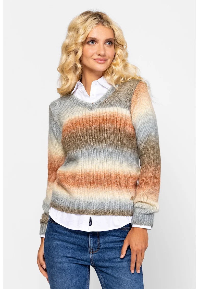 Pulover tricotat cu model si decolteu in V, Maro/Albastru prafuit/Portocaliu stins