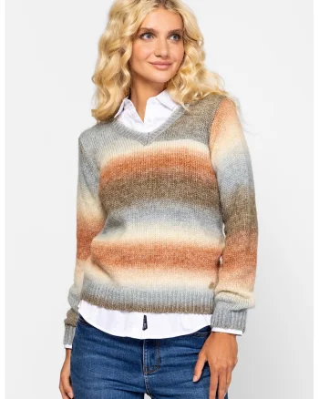 Pulover tricotat cu model si decolteu in V, Maro/Albastru prafuit/Portocaliu stins