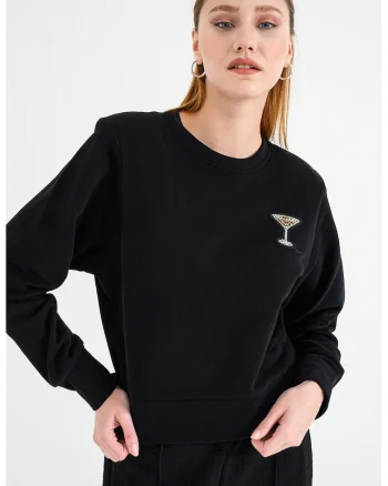 Bluza de trening de bumbac cu decolteu la baza gatului, Negru