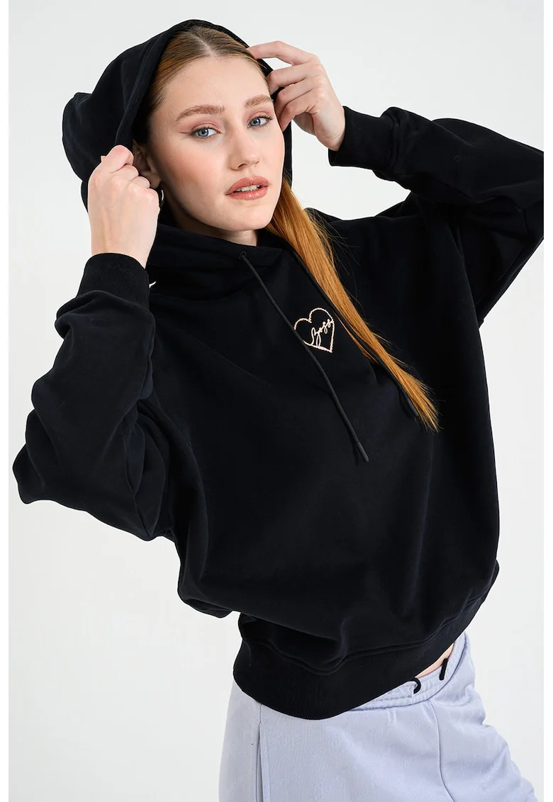 Hanorac de bumbac cu logo discret, Negru