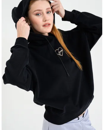 Hanorac de bumbac cu logo discret, Negru