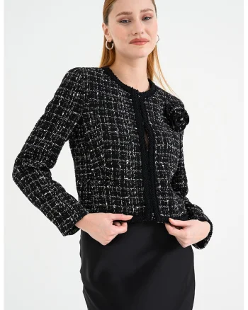 Sacou crop din amestec de lana in carouri Ablumi, Alb/Negru