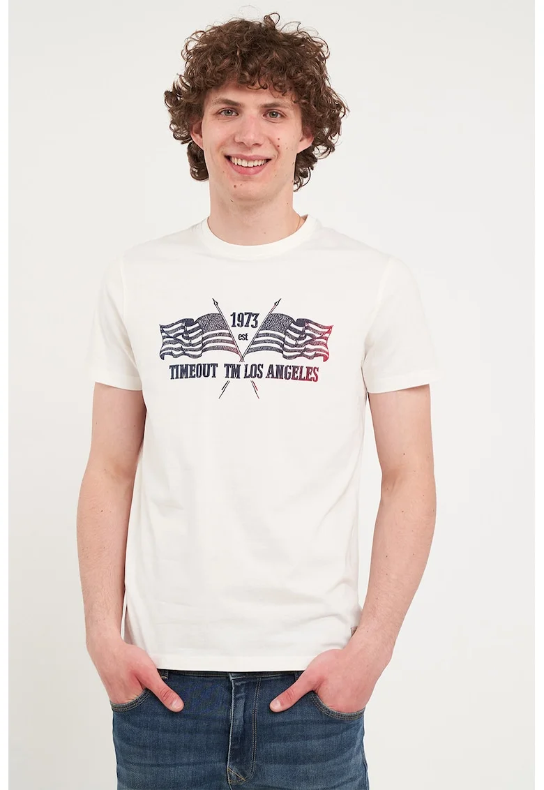 Tricou din bumbac cu decolteu la baza gatului, Negru stins/Alb optic