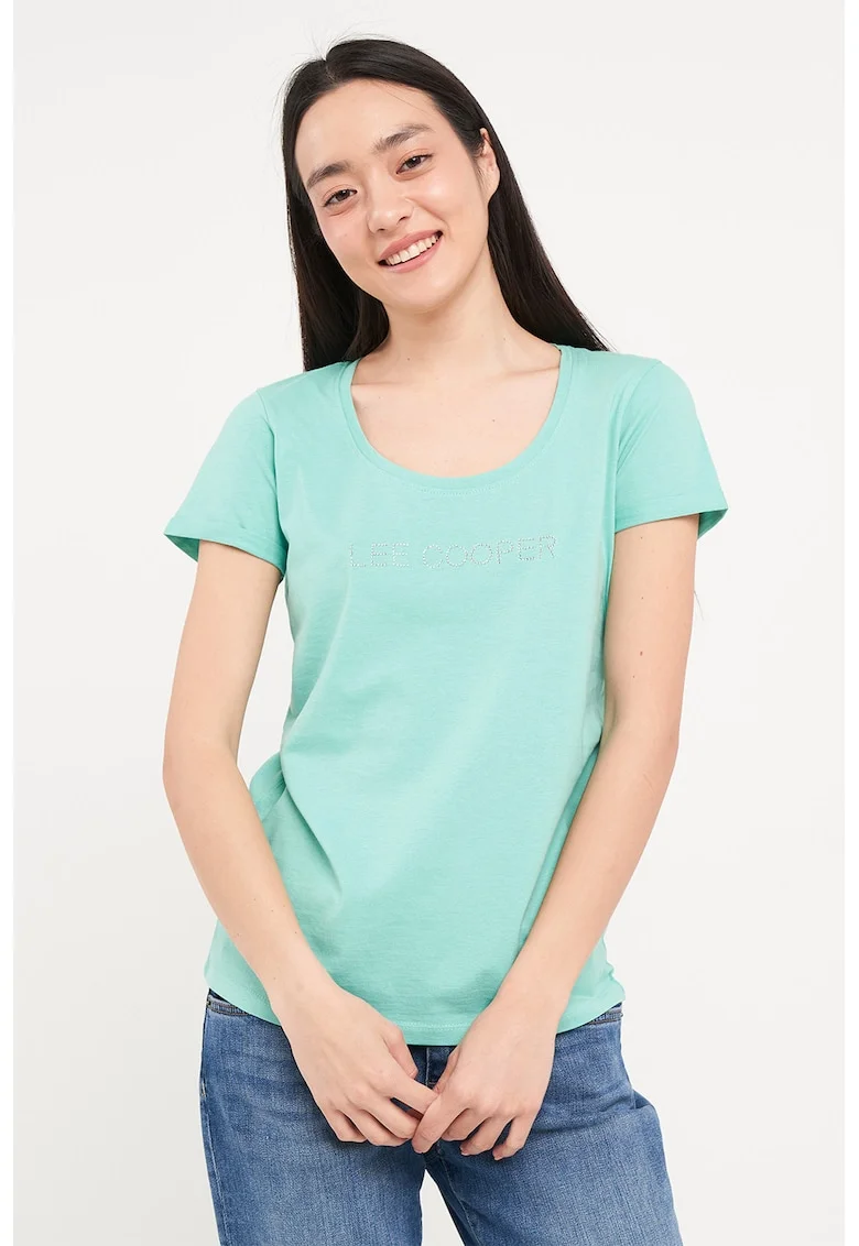 Tricou cu logo decorat cu strasuri si decolteu rotund, Verde pal