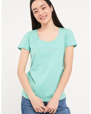 Tricou cu logo decorat cu strasuri si decolteu rotund, Verde pal