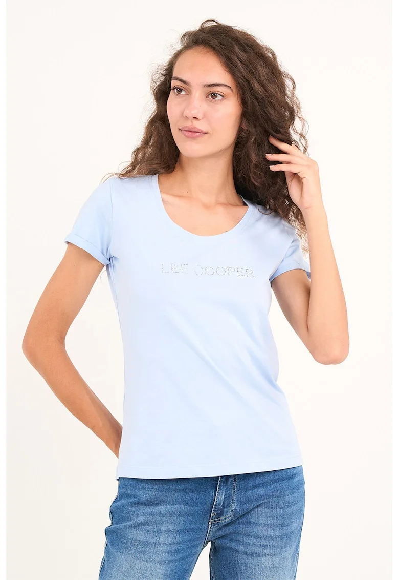 Tricou cu logo decorat cu strasuri si decolteu rotund, Albastru pastel