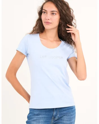 Tricou cu logo decorat cu strasuri si decolteu rotund, Albastru pastel