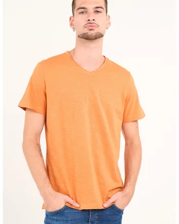 Tricou uni cu decolteu in V, Portocaliu pal