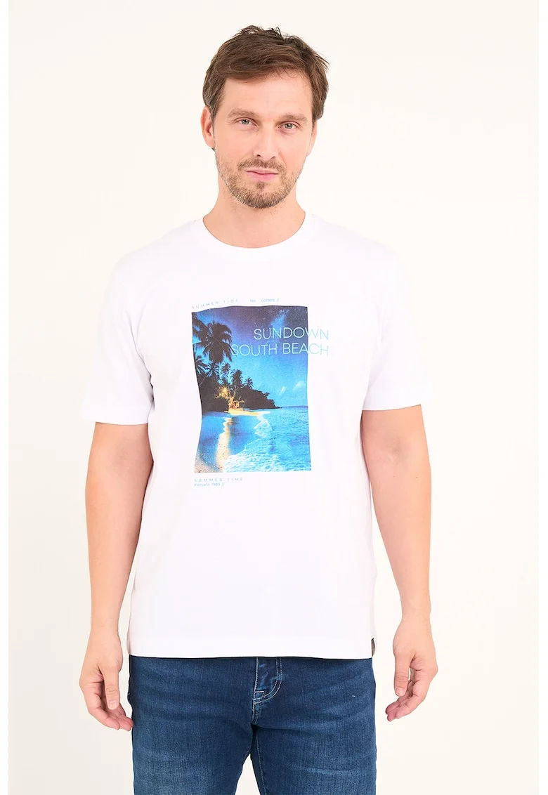 Tricou cu decolteu la baza gatului si imprimeu, Albastru inchis/Albastru royal/Alb optic