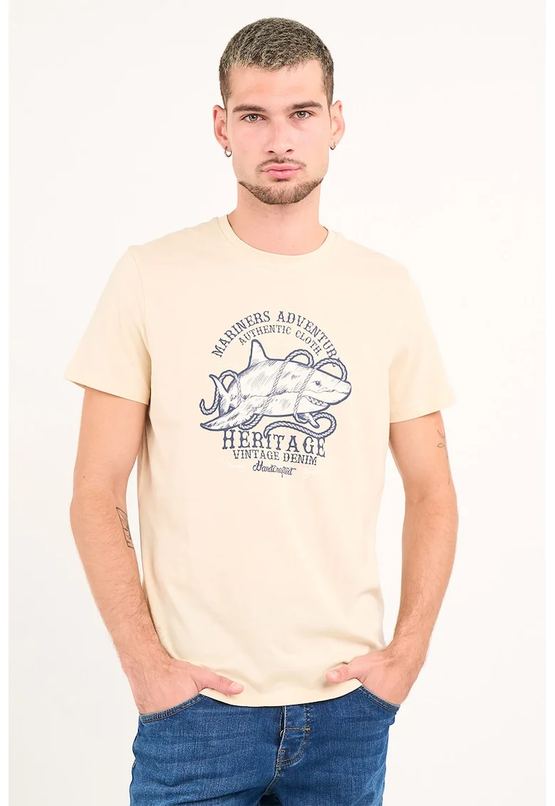 Tricou din bumbac cu design grafic si decolteu la baza gatului, Negru stins/Bej deschis