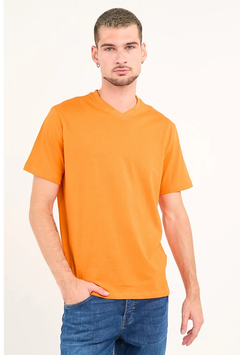 Tricou uni cu decolteu in V, Portocaliu pal