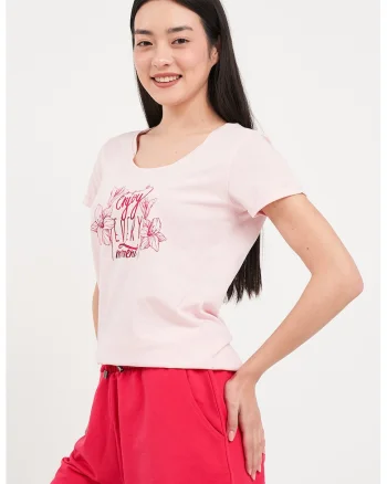 Tricou din bumbac cu decolteu rotund, Rosu/Roz pastel