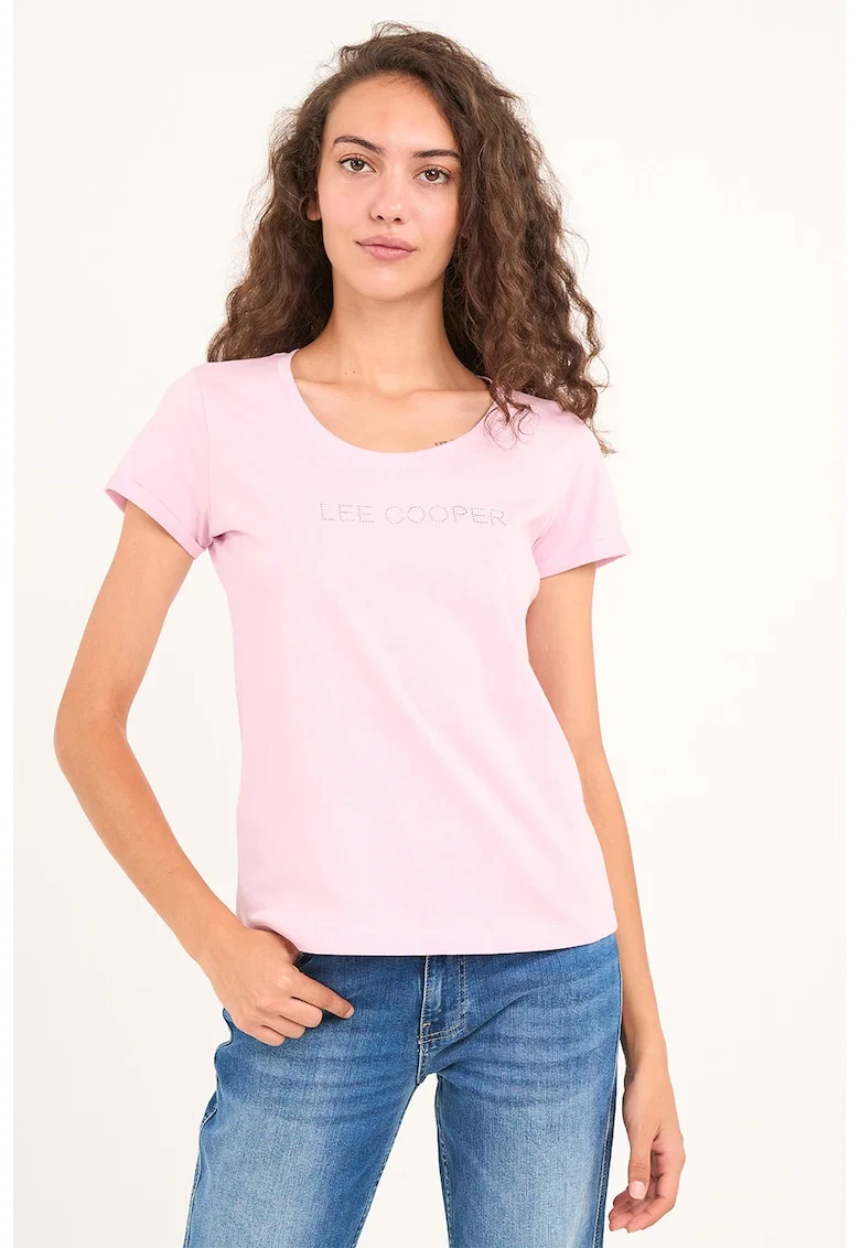 Tricou cu logo decorat cu strasuri si decolteu rotund, Roz pastel