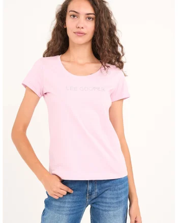 Tricou cu logo decorat cu strasuri si decolteu rotund, Roz pastel