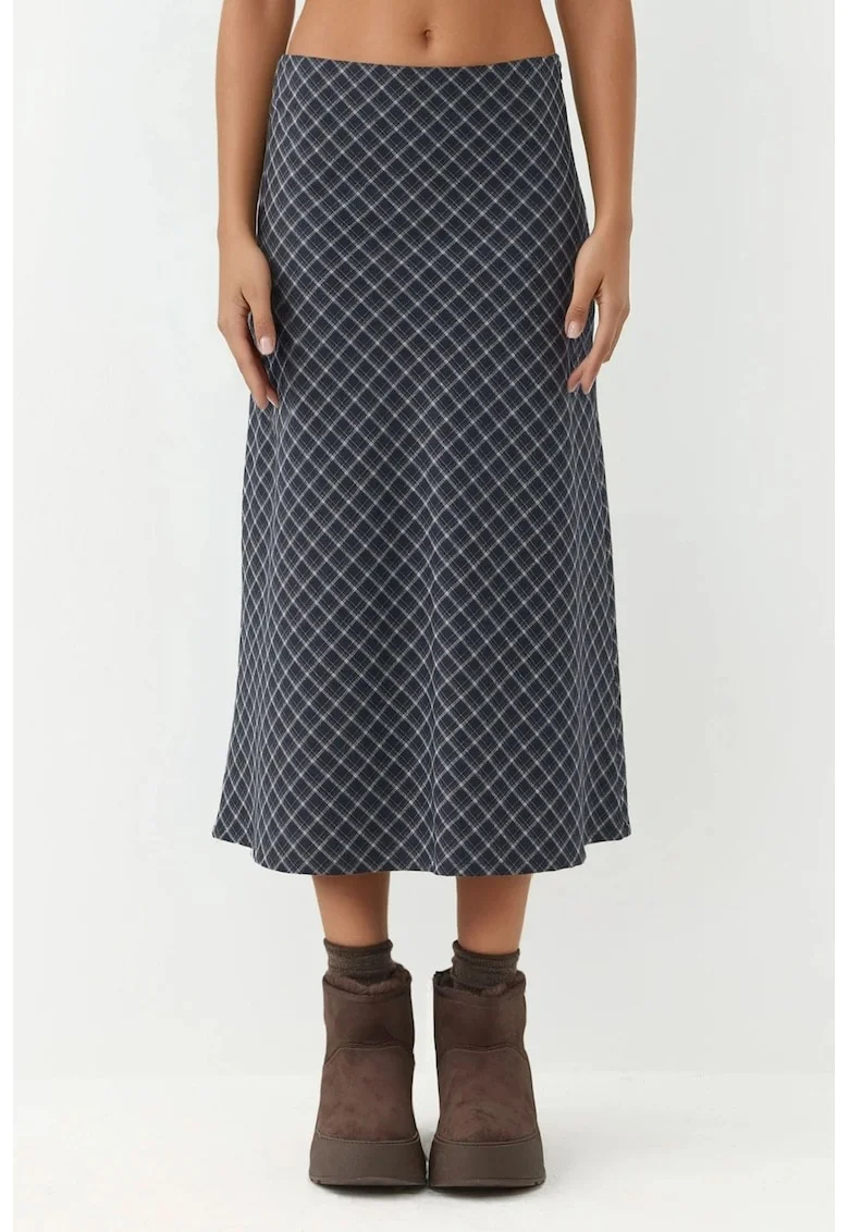 Fusta midi  carouri, bleumarin, textil