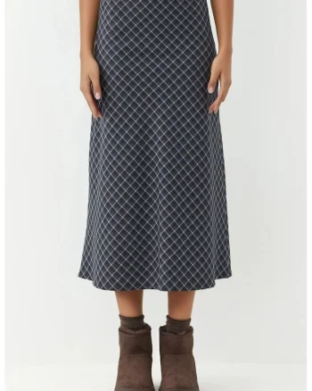 Fusta midi  carouri, bleumarin, textil