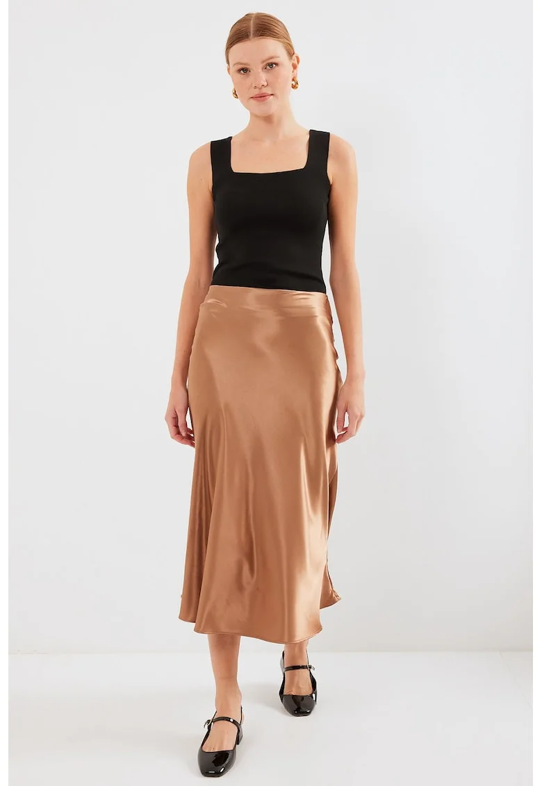 Fusta Midi Elastica A-Forma HiCCUP, Maro, Satin