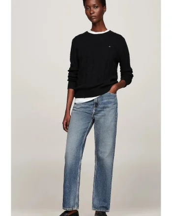 Pulover dama,  negru, lana pura, tricot cu cablu, guler inalt