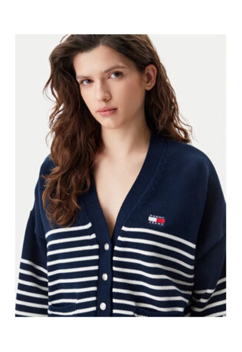 Cardigan dama,  bumbac, bleumarin/alb,