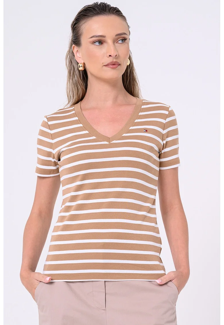 Tricou slim fit cu decolteu in V Cody, Alb/Maro deschis