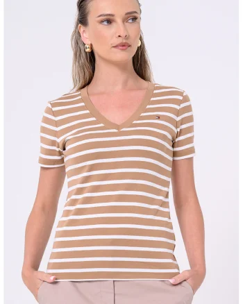 Tricou slim fit cu decolteu in V Cody, Alb/Maro deschis