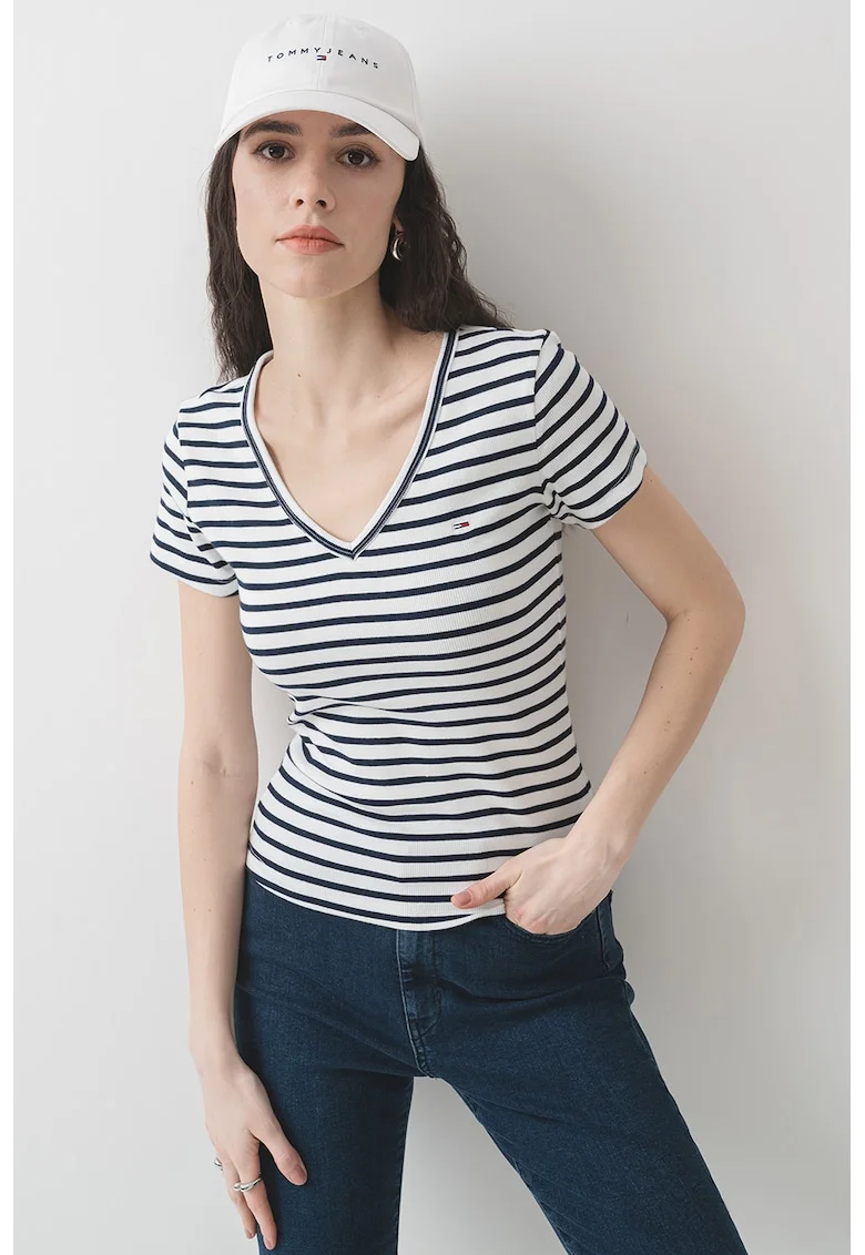 Tricou slim fit cu decolteu in V, Alb murdar/Bleumarin