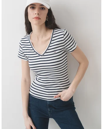 Tricou slim fit cu decolteu in V, Alb murdar/Bleumarin