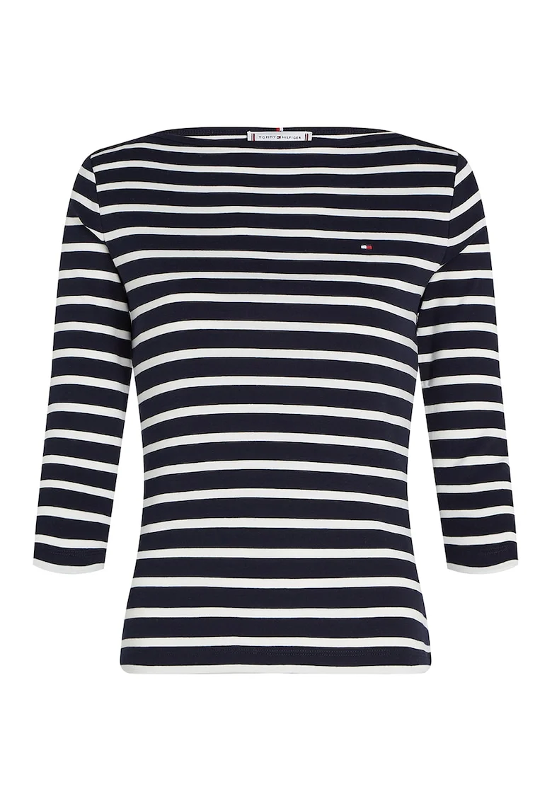 Bluza slim-fit de bumbac cu maneci trei sferturi, Alb/Bleumarin