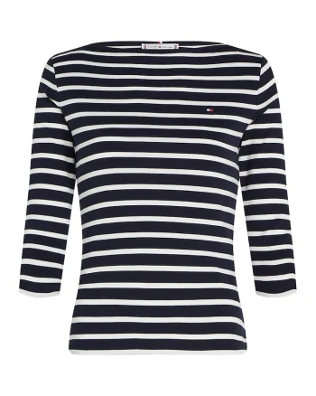 Bluza slim-fit de bumbac cu maneci trei sferturi, Alb/Bleumarin